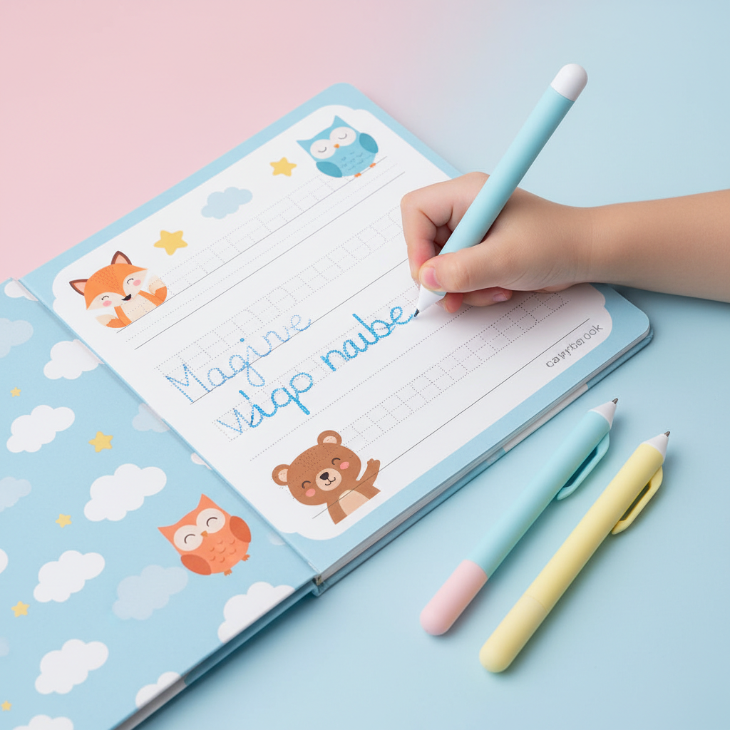 Child writing in magic reusable copybook lifestyle shot