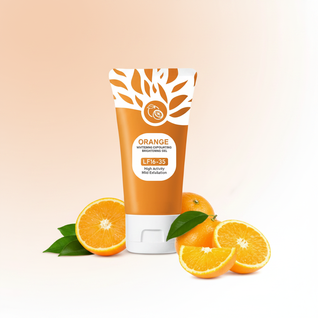 Orange Whitening Exfoliating Brightening Gel with cut oranges on pastel background
